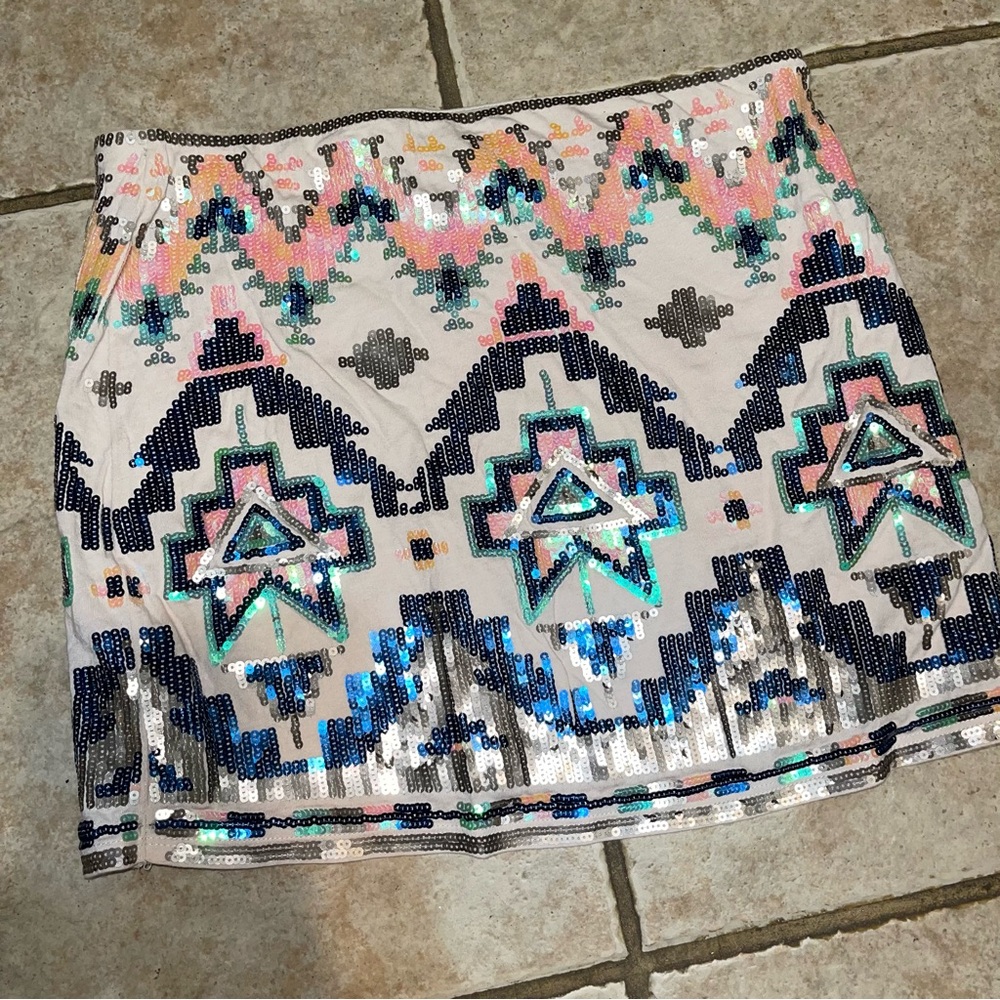 Express Sequin Geometric Mini Skirt - White with Multicolor Accents